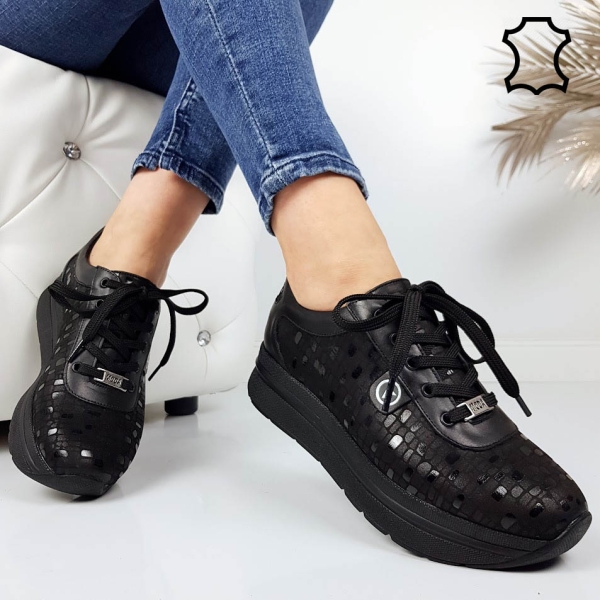 Обувки от ефектна естествена кожа на платформа- Zara Black 11729