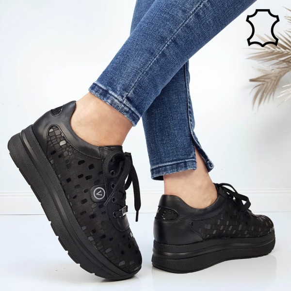 Обувки от ефектна естествена кожа на платформа- Zara Black 11729