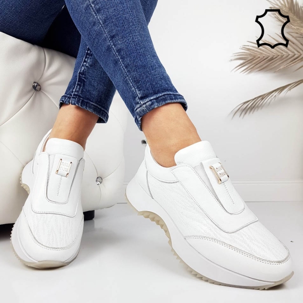 Бели маратонки от естествена кожа с ортопедична стелка- Evita White 11717