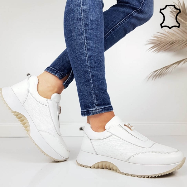 Бели маратонки от естествена кожа с ортопедична стелка- Evita White 11717