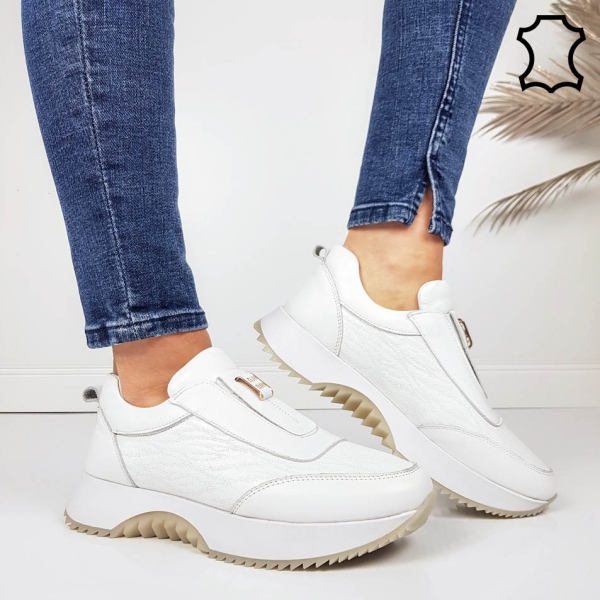 Бели маратонки от естествена кожа с ортопедична стелка- Evita White 11717