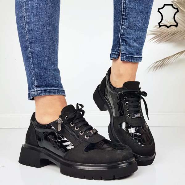 Обувки от естествена кожа с ортопедична стелка- Niq Black 11719