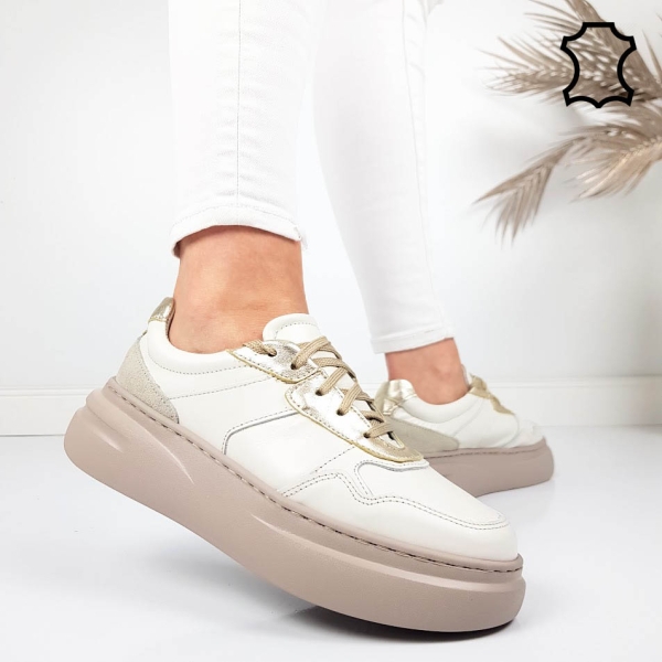 Кецове от естествена кожа в цвят мока и екрю- Nora 11785