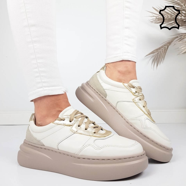 Кецове от естествена кожа в цвят мока и екрю- Nora 11785