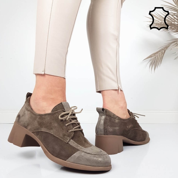 Обувки от естествен велур на широк ток- Frea Taupe 11792