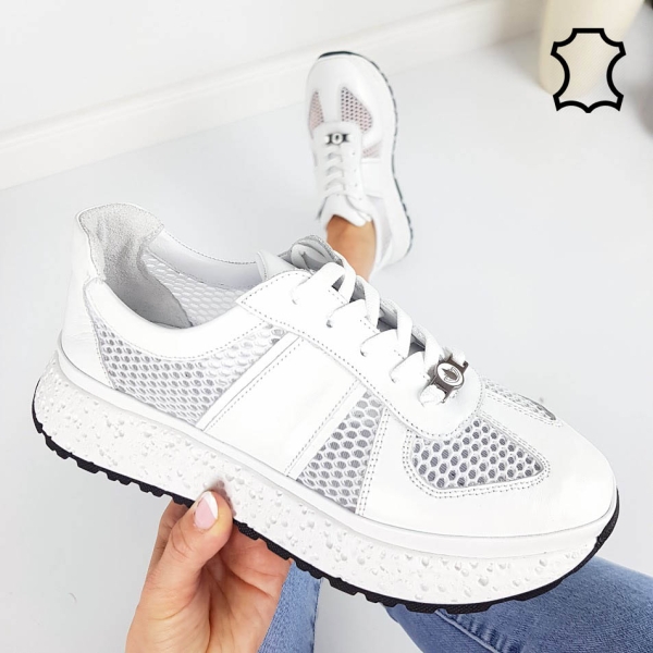 Бели сникърси от естествена кожа с мрежа- Jaklin White 11795