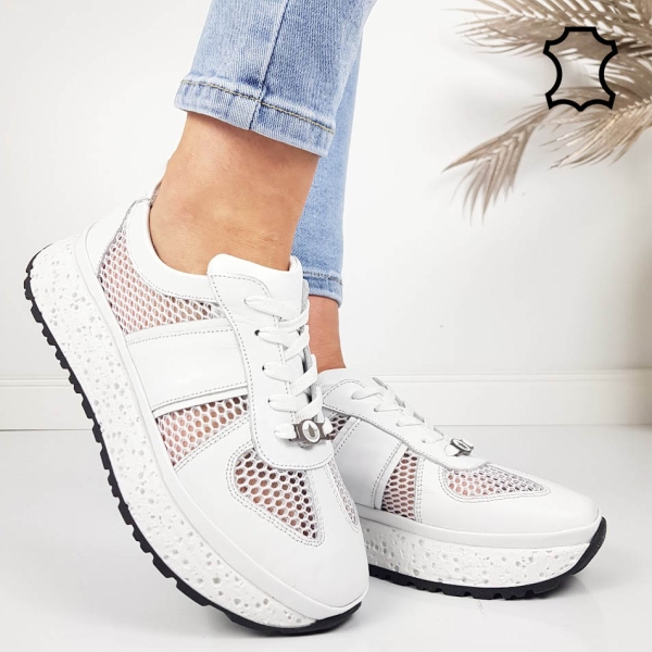 Бели сникърси от естествена кожа с мрежа- Jaklin White 11795