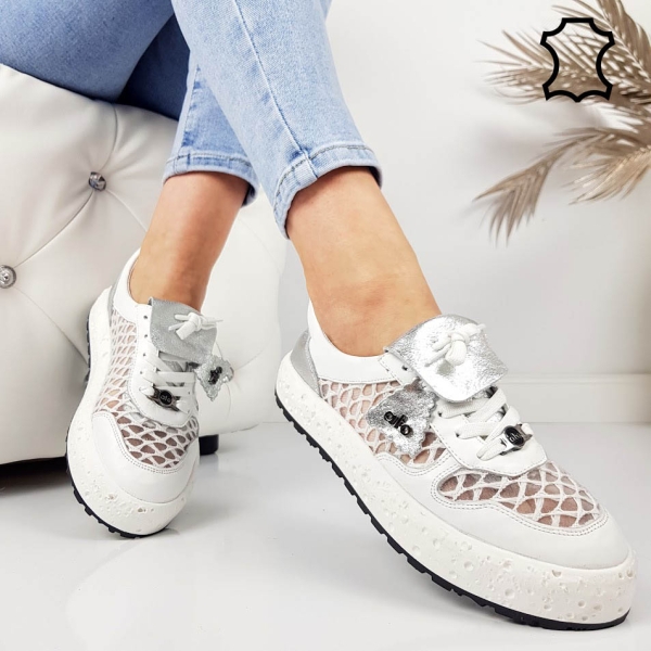 Ежедневни обувки от естествена кожа с мрежа- Alo White 11797