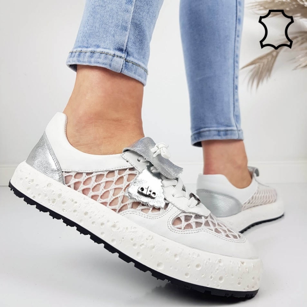 Ежедневни обувки от естествена кожа с мрежа- Alo White 11797