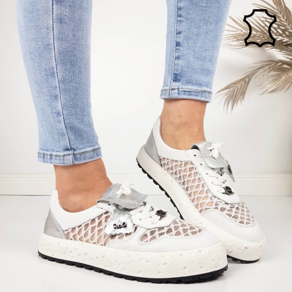 Ежедневни обувки от естествена кожа с мрежа- Alo White 11797