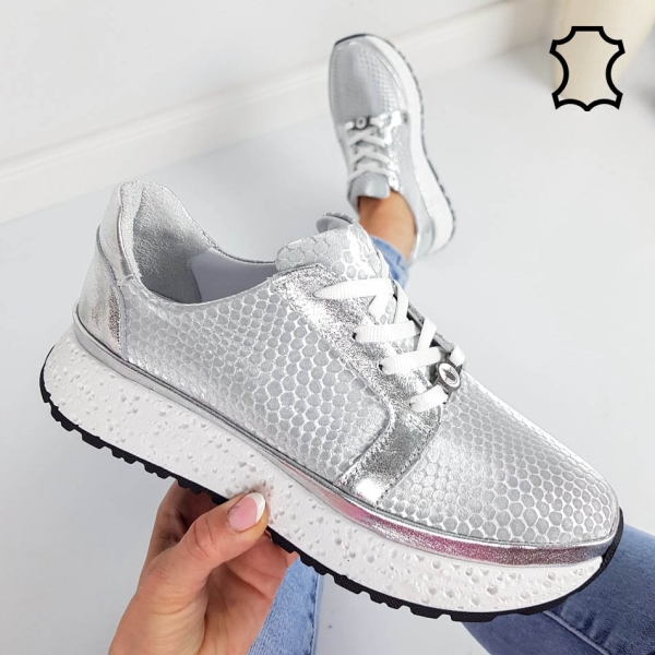 Сребърни сникърси от естествена кожа- Nora Silver 11803