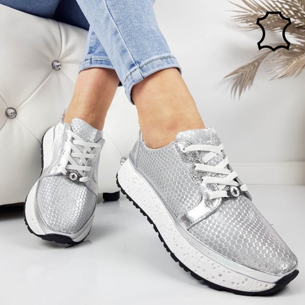 Сребърни сникърси от естествена кожа- Nora Silver 11803