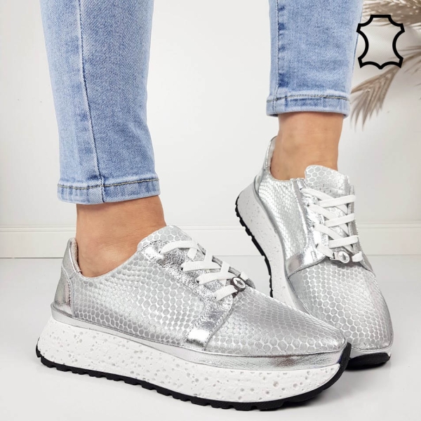 Сребърни сникърси от естествена кожа- Nora Silver 11803