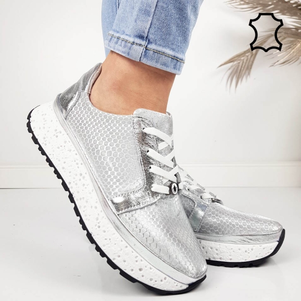Сребърни сникърси от естествена кожа- Nora Silver 11803