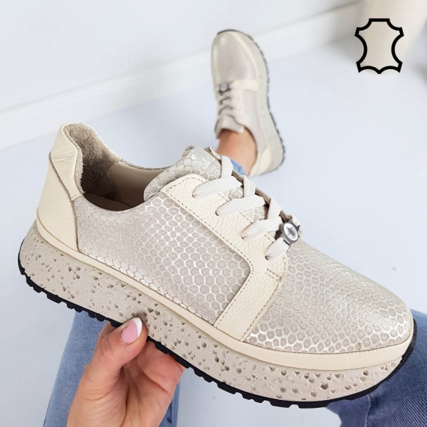 Спортни обувки в бежов и златист от естествена кожа- Nora Gold 11804