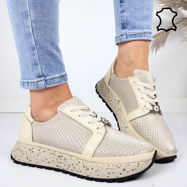 Спортни обувки в бежов и златист от естествена кожа- Nora Gold 11804