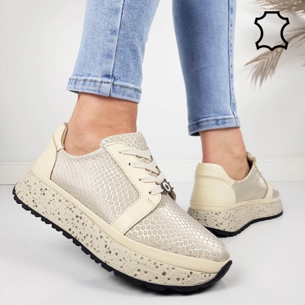 Спортни обувки в бежов и златист от естествена кожа- Nora Gold 11804