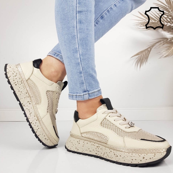 Бежови сникърси от естествена кожа- Nora Beige 11805