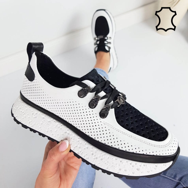 Обувки бяло с черно от естествена кожа- Naomi White 11809