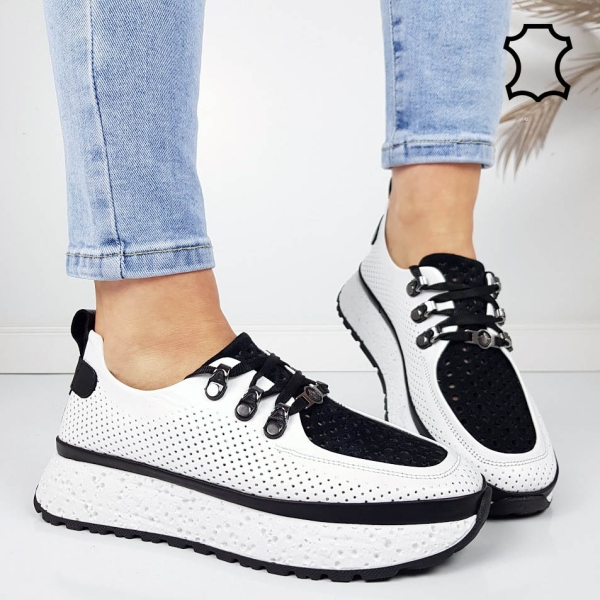 Обувки бяло с черно от естествена кожа- Naomi White 11809