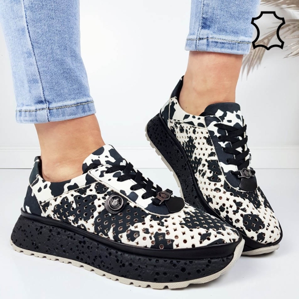 Обувки с кравешки принт естествена кожа- Elia Black 11810