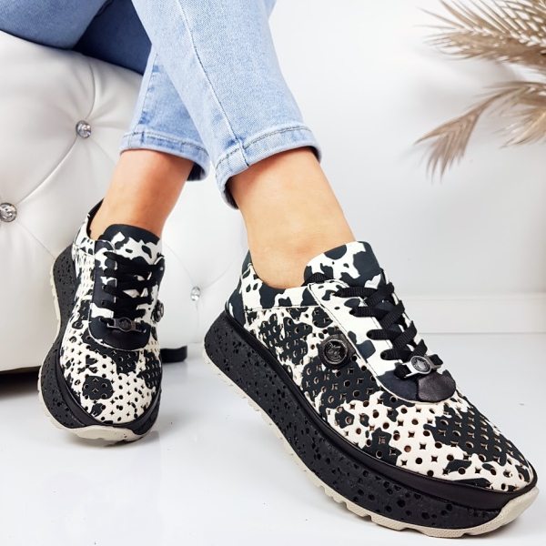 Обувки с кравешки принт естествена кожа- Elia Black 11810