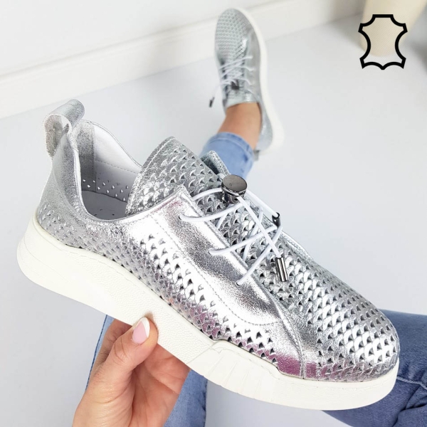 Сребристи обувки от естествена кожа- Dara Silver 11811