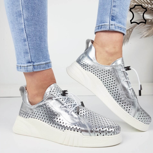 Сребристи обувки от естествена кожа- Dara Silver 11811