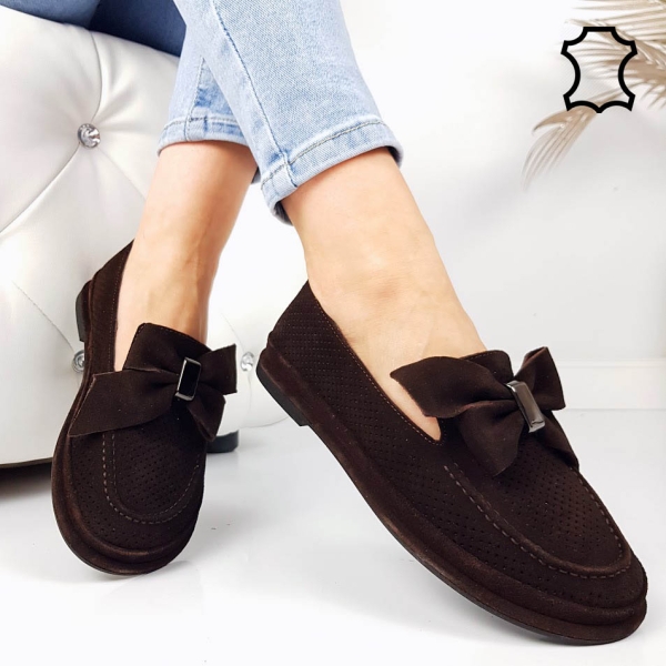 Мокасини от естествен велур в цвят шоколад- lina 11825