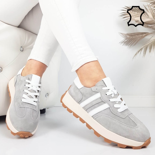 Сиви маратонки от естествена кожа и велур- Samanta Grey 11854