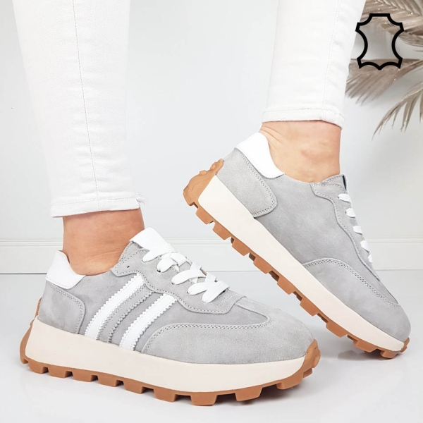 Сиви маратонки от естествена кожа и велур- Samanta Grey 11854