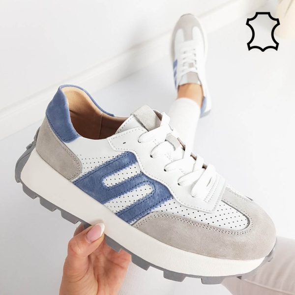 Бели маратонки от естествена кожа и велур- Samanta Beige 11856