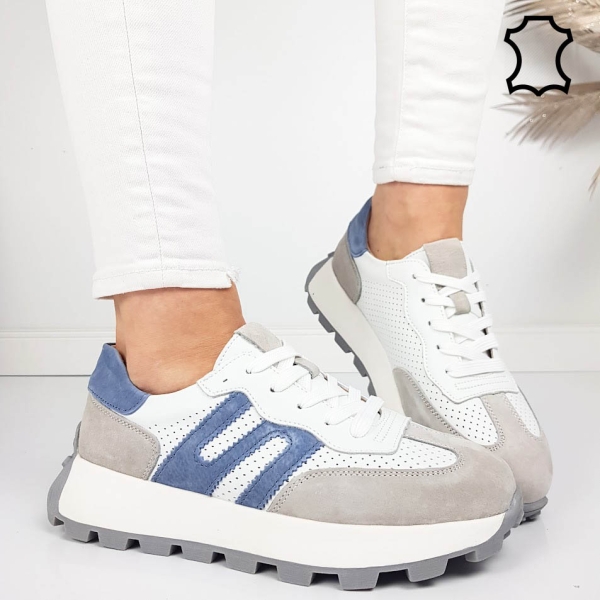 Бели маратонки от естествена кожа и велур- Samanta Beige 11856