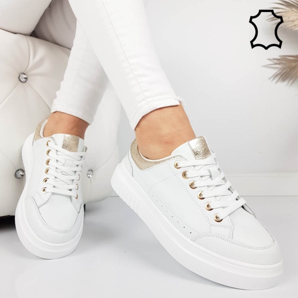 Бели равни кецове от естествена кожа- Sisi White 11858