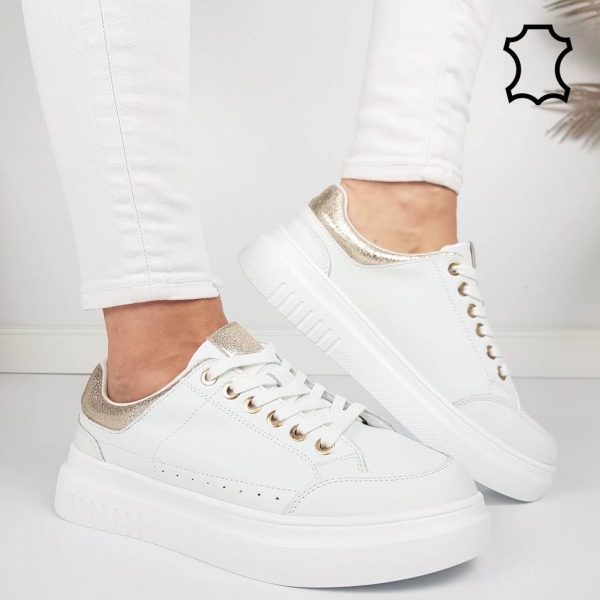 Бели равни кецове от естествена кожа- Sisi White 11858