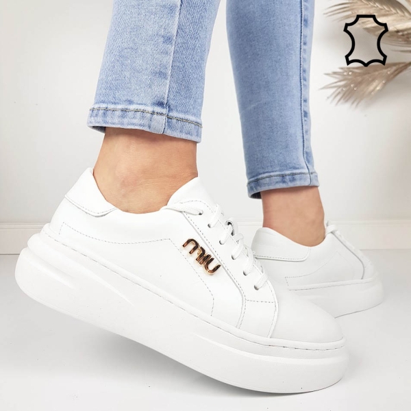 Бели кецове от естествена кожа- Nora White 11868