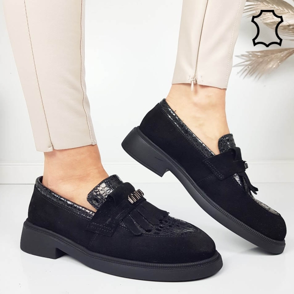 Черни мокасини от стествен велур- Tera Black 11869