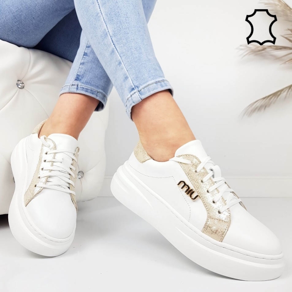 Кецове от естествена кожа в бяло и златно- Nora Gold 11921