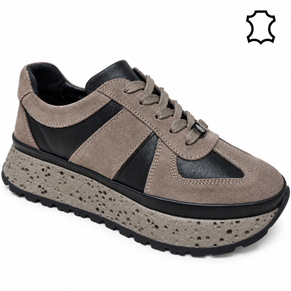Дамски спортни обувки от естествена кожа и велур- Nansi Black/Taupe 12263