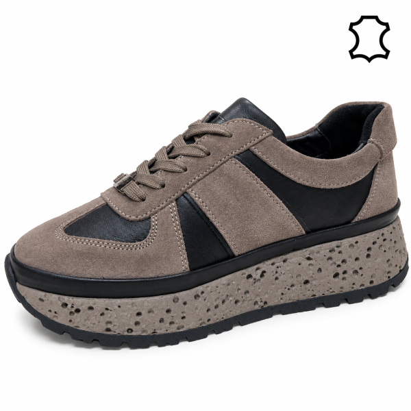 Дамски спортни обувки от естествена кожа и велур- Nansi Black/Taupe 12263