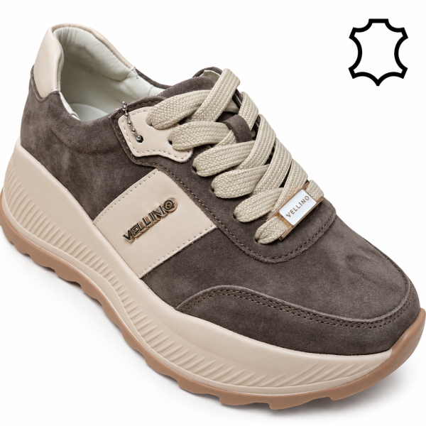Дамски сникърси от естествена кожа и велур- Velina Beige 12270