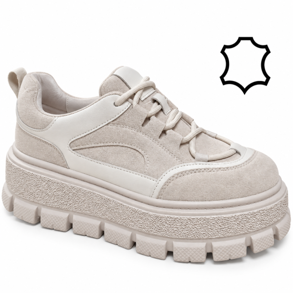 Спортни обувки от естествена кожа на платформа- Keit Beige 12278