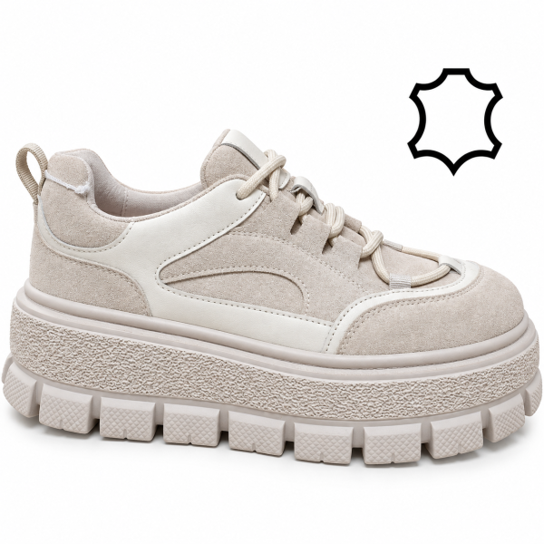 Спортни обувки от естествена кожа на платформа- Keit Beige 12278