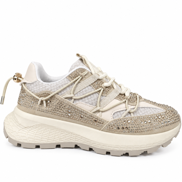 Дамски бежови маратонки с камъни- Jaklin Beige 12439