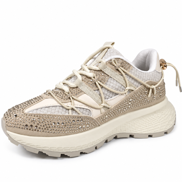 Дамски бежови маратонки с камъни- Jaklin Beige 12439