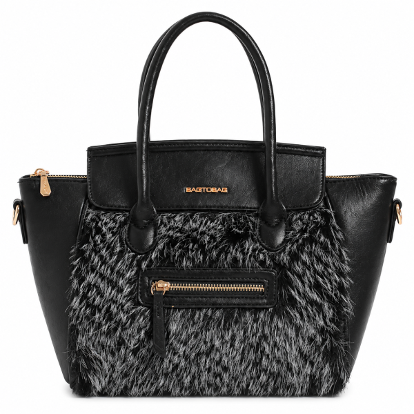 Черна дамска чанта с пухкав косъм- Serina Black 12502