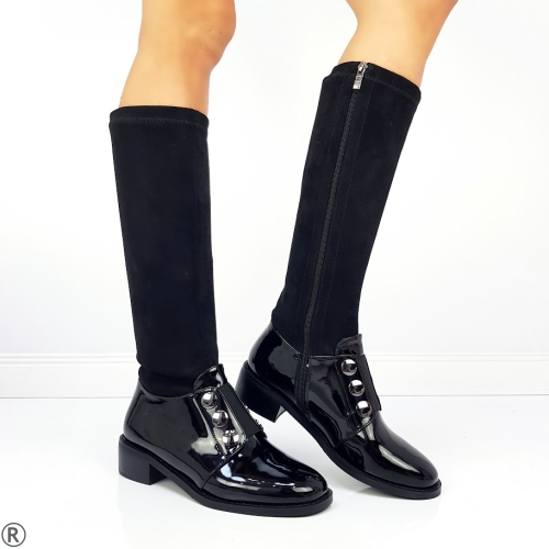 Дамски ежедневни ботуши от лак и велур в черен цвят- Wayne Black