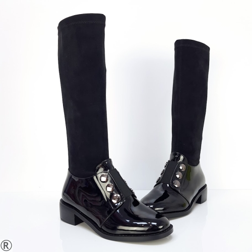 Дамски ежедневни ботуши от лак и велур в черен цвят- Wayne Black