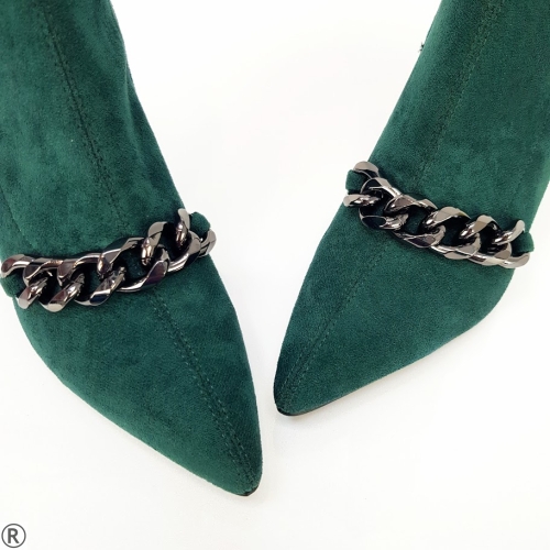 Дамски елегантни ботуши от велур в зелен цвят на тънък ток- Vincenta Green