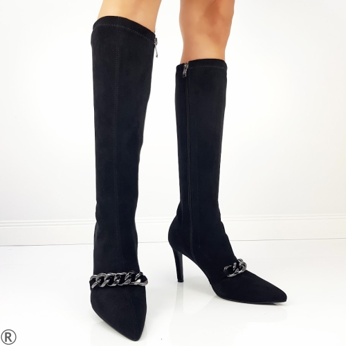 Дамски елегантни ботуши от велур в черен цвят на тънък ток- Vincenta Black